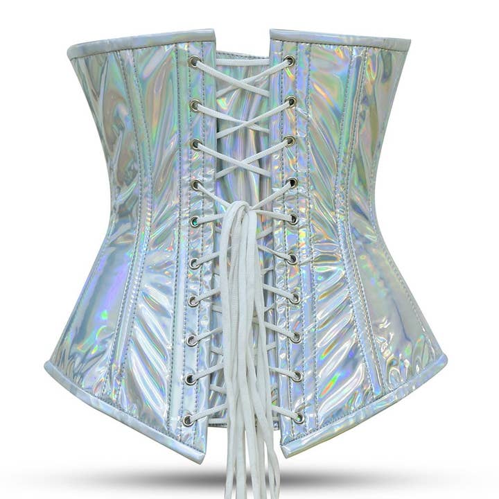 Women Shiny Silver Half Bust Corset - PVC Laced Corset Top for wholesale on Faire