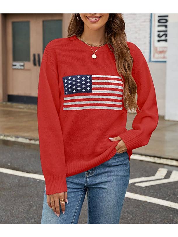 Rosa Clothing - Wholesale Knit Sweater - Women's - USA American Flag Jacquard Slim Knitted Pullover Sweater