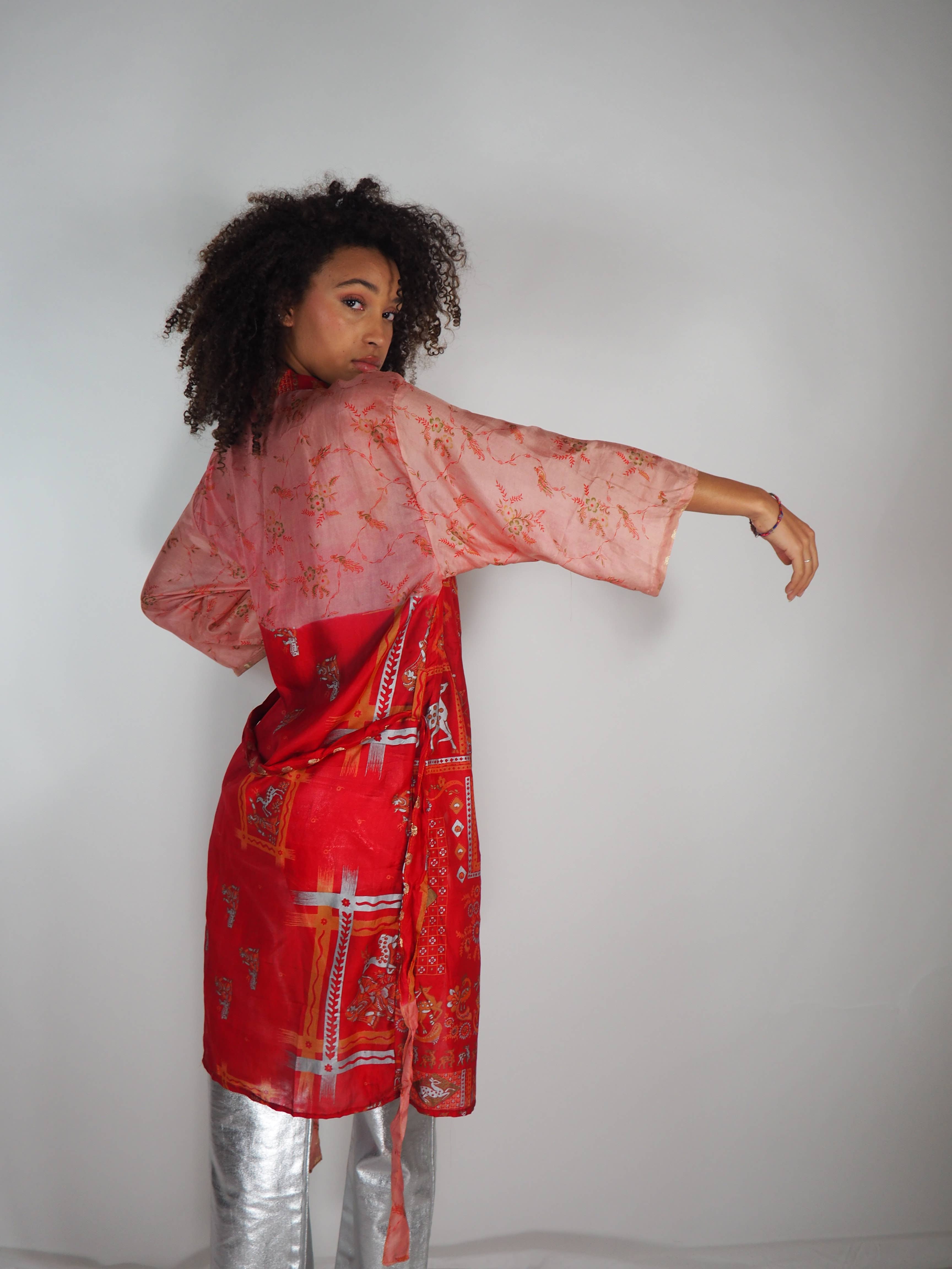 Vagabond Ibiza - Wholesale Kimono - Women's - The Kardash Kimono Mid-Length – Upcycled Vintage Sari Kimono16