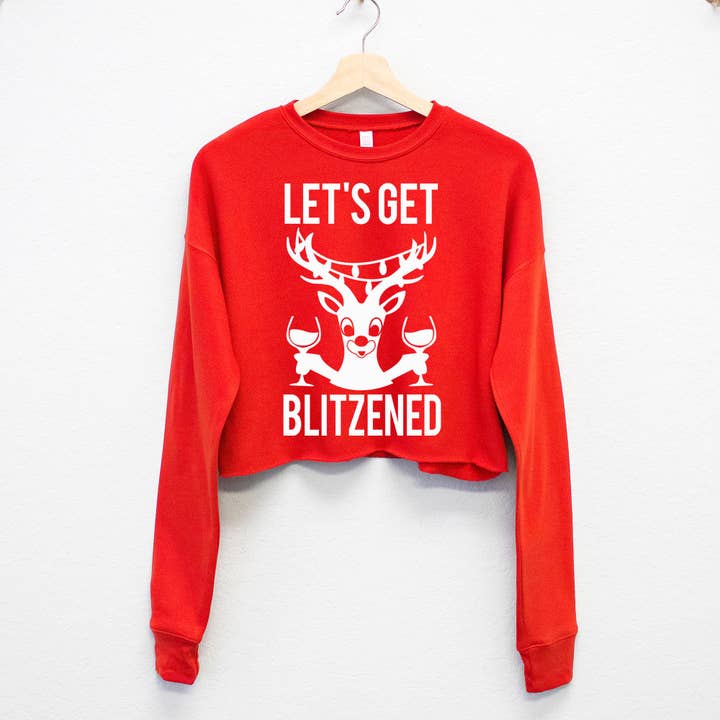 Nobullwoman Apparel - Wholesale Graphic Sweatshirt - Women's - Let's Get Blitzened Wine Cropped Ugly Christmas Sweater