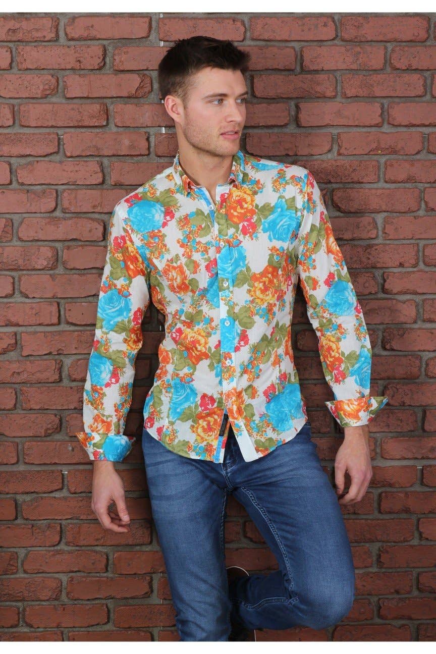 White Colorful Roses Digital Print Shirt M-10170 for wholesale on Faire1