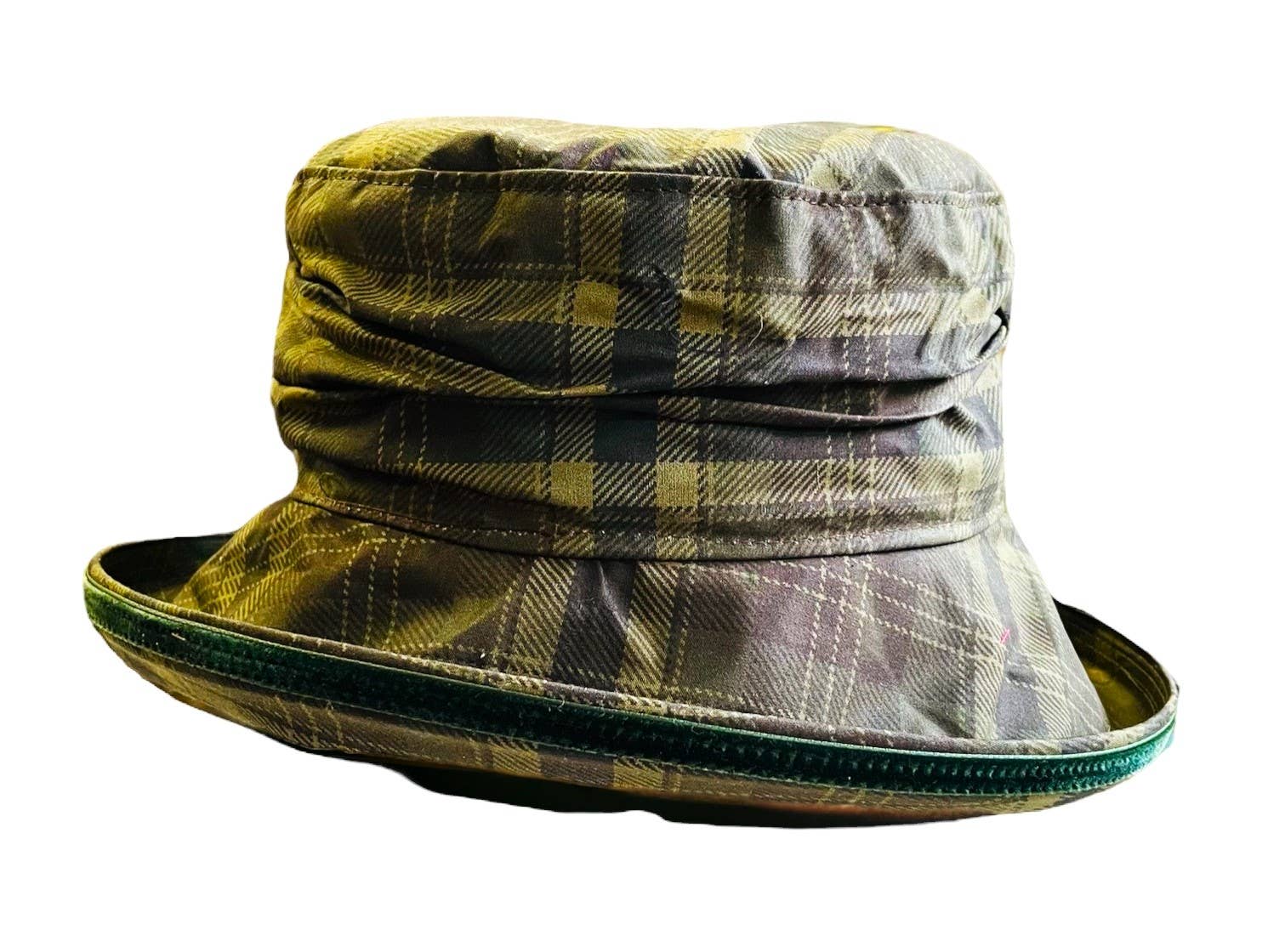 Peak & Brim Hats - Wholesale Bucket Hat - Women's - Bonnie Waterproof Wax Rain Hat, Green Tartan & Velvet Trim4