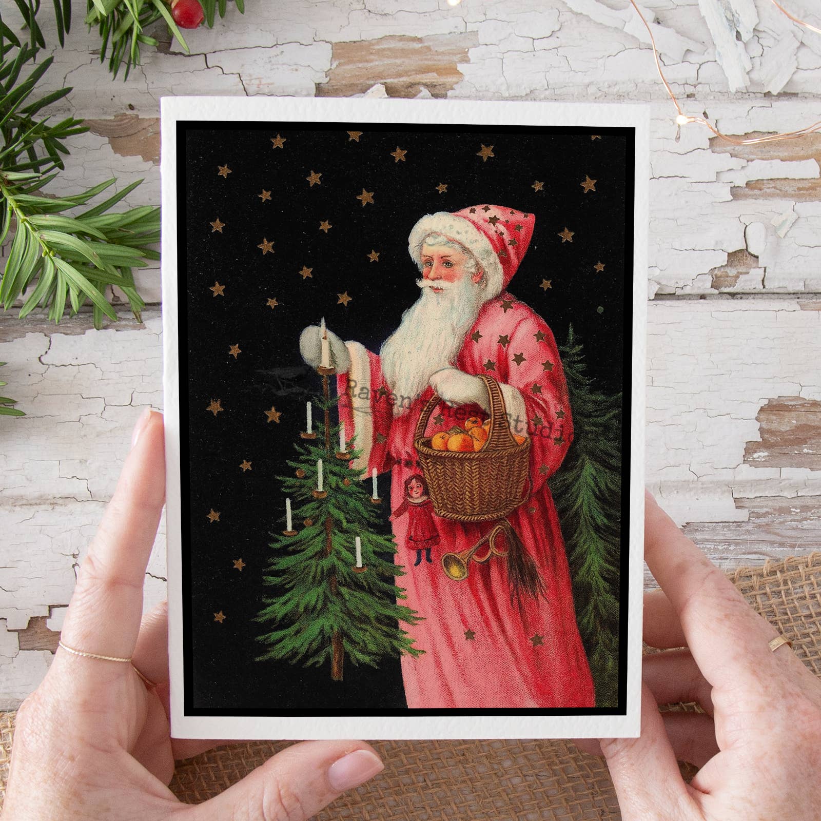 Cheerful Whimsies - Wholesale Christmas Card - Christmas Card. Bold Retro Vintage Santa in Pink Robe.