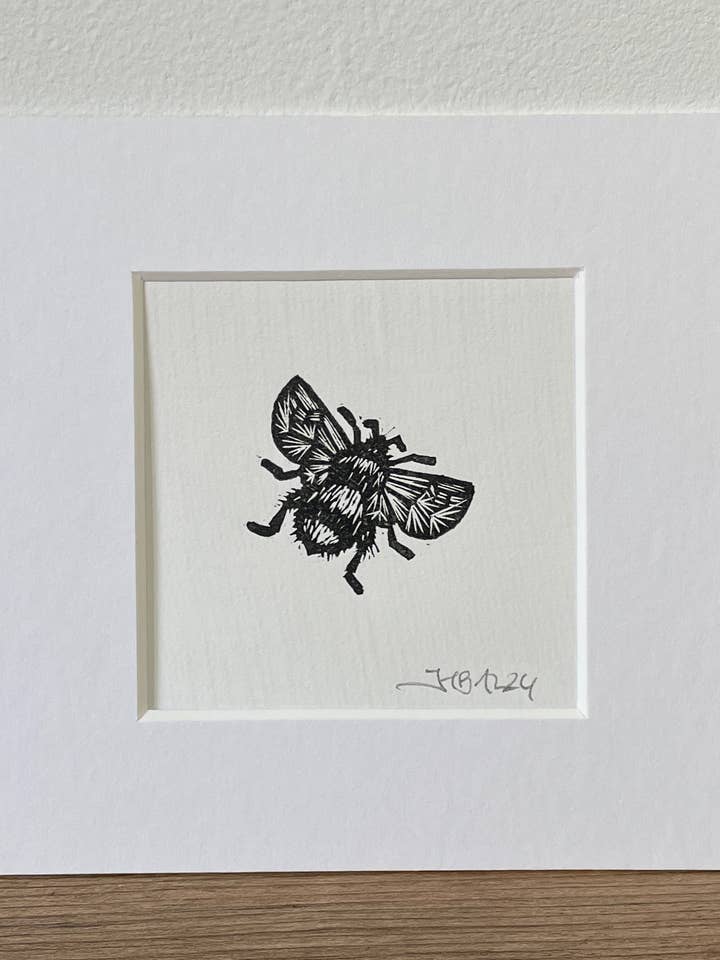 Mini Bumblebee original mini linocut print for wholesale by Jackdaw and Bear