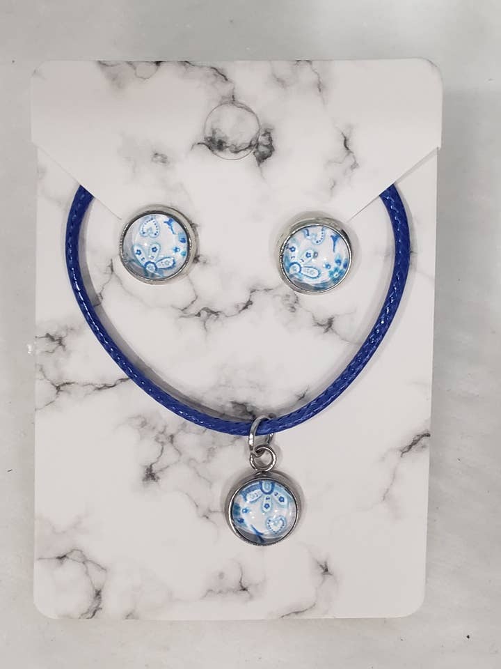 Blue Mosaic Flower Necklace and Earring Set for wholesale by emrac boutique