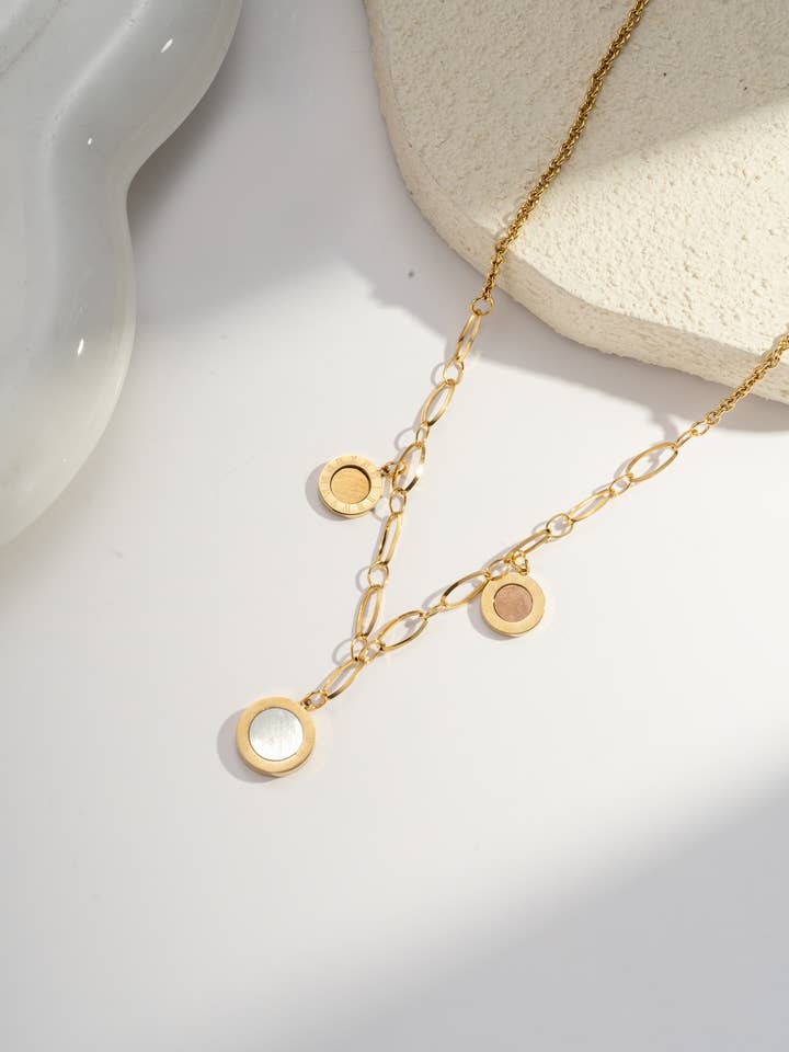 Wide link steel necklace with round Roman numeral charms for wholesale by COSMOS