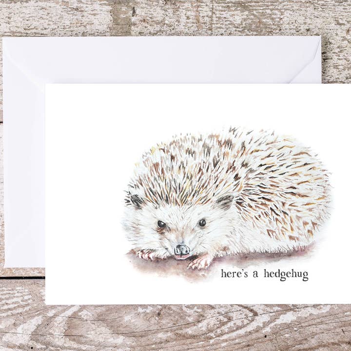 Hedgehog Hug 5x7" Greeting Card- "Here's a hedgehug" for wholesale by Art Reflects Light