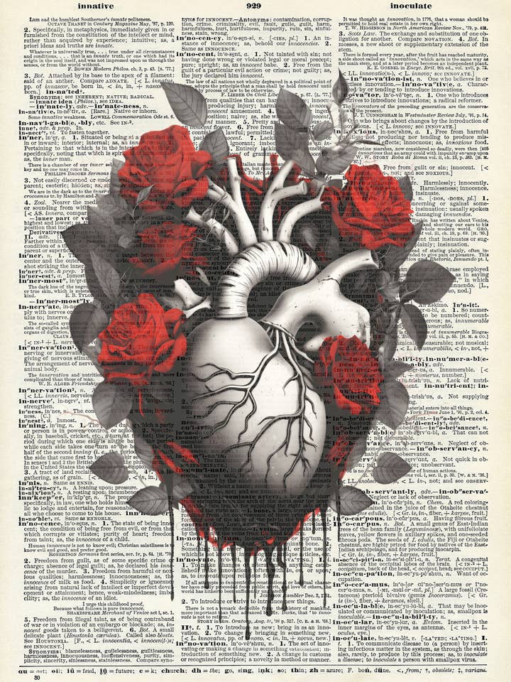Heart, Gothic themed, floral, rose, Vintage Dictionary Print for wholesale by Crazilyhumbledesigns