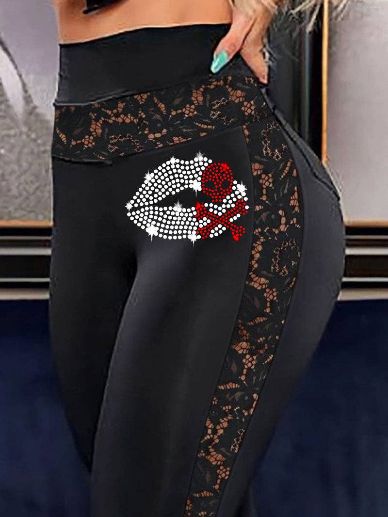 Black Sexy Lips Skull Print Lace Patchwork Pants for wholesale on Faire1
