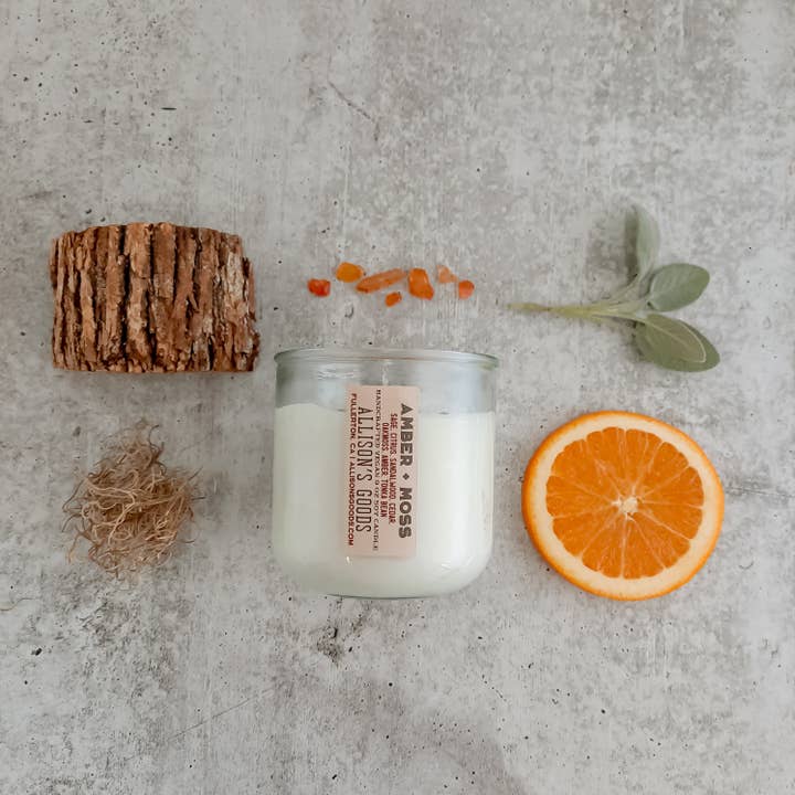 Vela de cera de soja ámbar + musgo para venta al por mayor de Allison's Goods