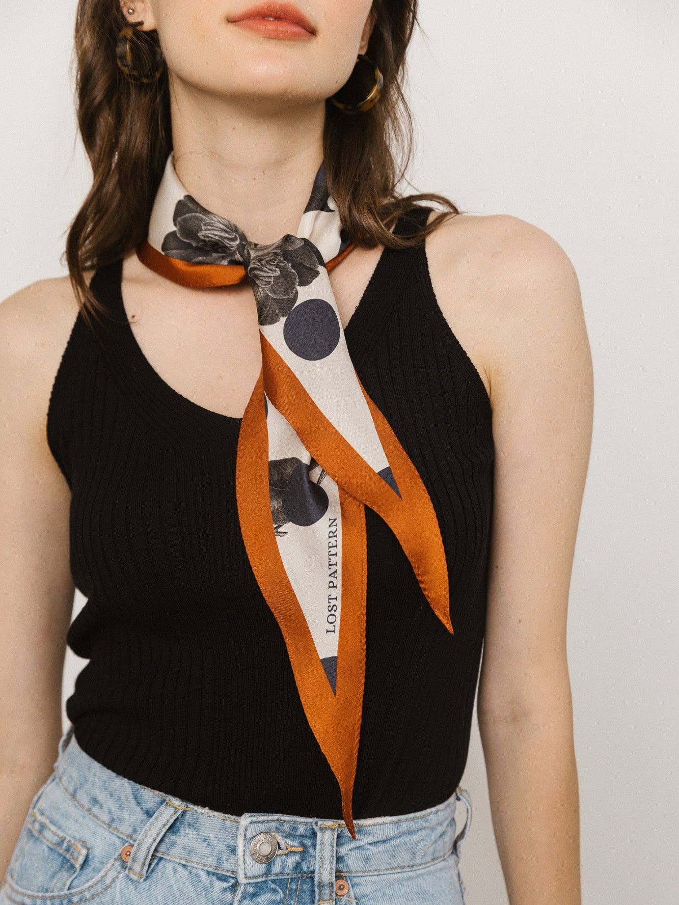 caramel "Noir Floral" Silk Diamond Neckerchief for wholesale on Faire1