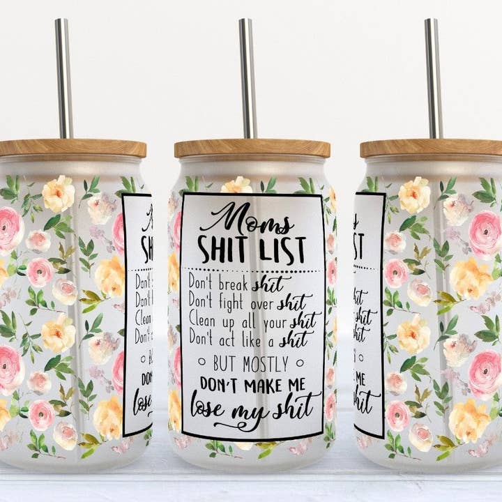 Gobelet en verre Libby 16 oz de Mom's Shit List pour la vente par Kate Haven Glass Tumblers for Every Occasion
