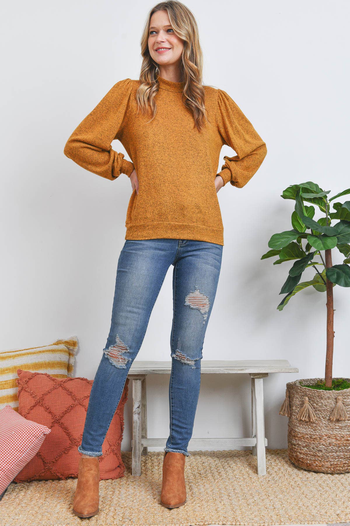 You & Me - Vente Haut en maille – femme - VENTE ! ! ! PPT21143 - HAUT À MANCHES BOUFFANTES À COL ROND - ANTHRACITE24