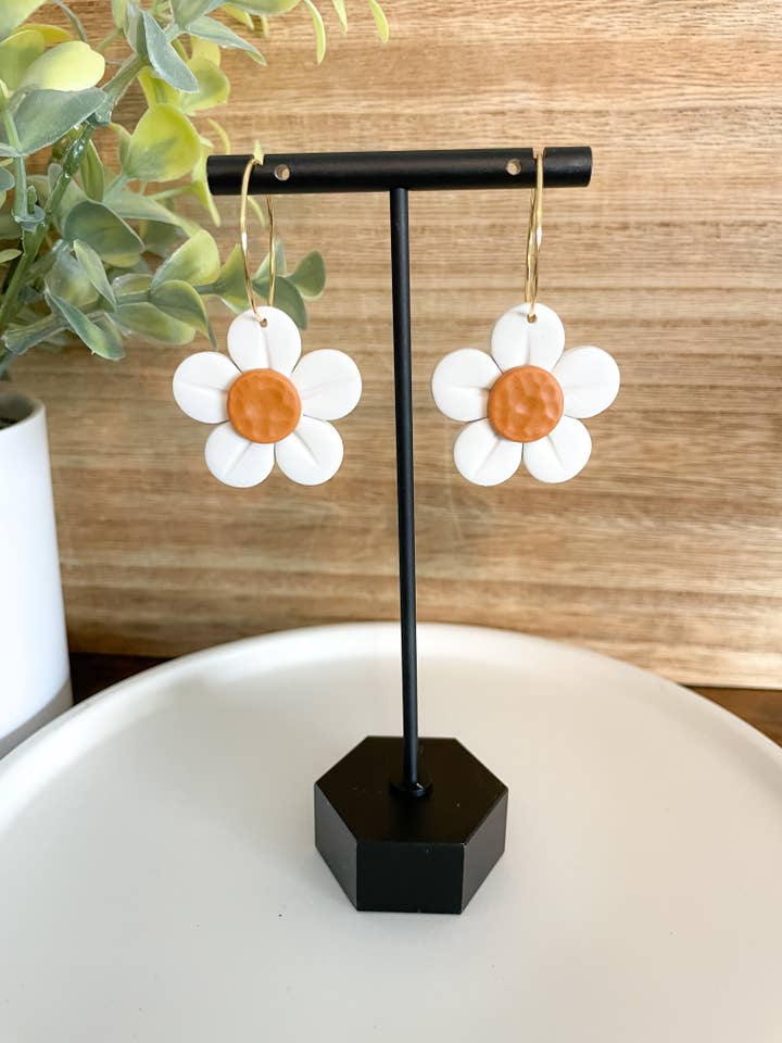 Handmade Polymer Clay Earrings | Unique Gifts for Her | Hypoallergenic Dangles | White Daisy Hoops for wholesale by Finley River | Trendy Polymer Clay Earrings | Hypoallergenic