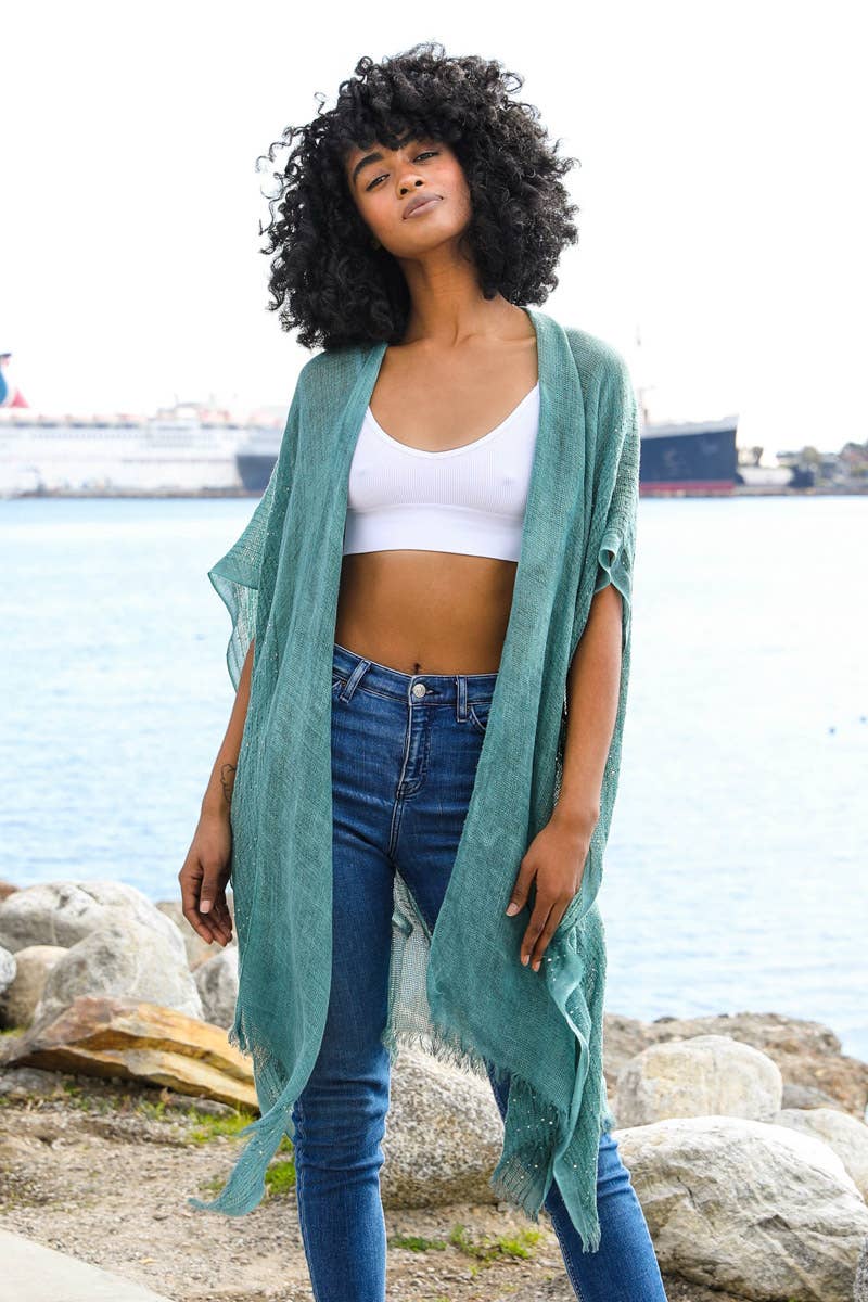 Leto Accessories - Wholesale Kimono - Women's - ☀️ Lightweight Sheer Kimono with Sequin and Frayed Details0