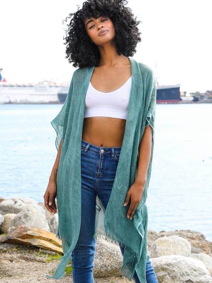 Leto Accessories - Wholesale Kimono – Women's - ☀️ Lightweight Sheer Kimono with Sequin and Frayed Details