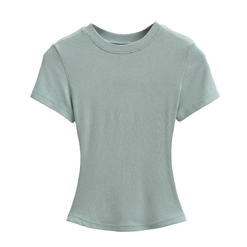 UZ Wholesale Store - Wholesale T-Shirt - Women's - Plain Color Threaded Round Neck Short Sleeve T-Shirt4