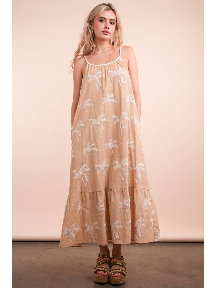 VERY J - Wholesale Dress - Women's - ND31675-Palm Tree Embroidered Summer Boho Midi Dress