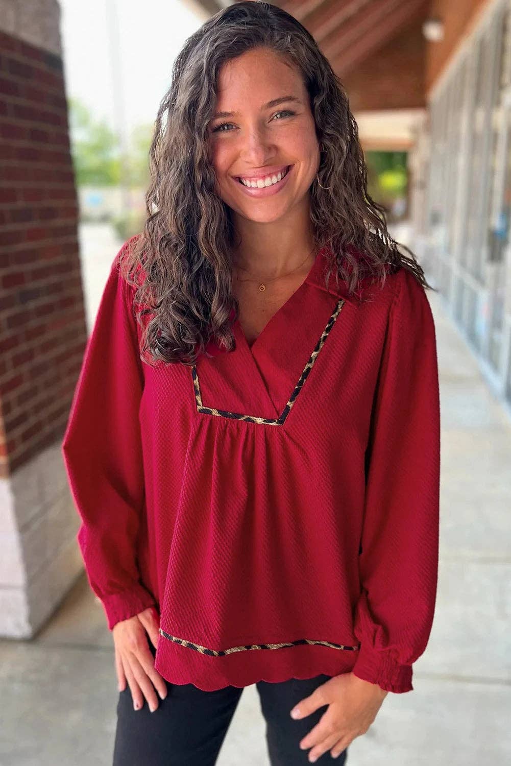 Fiery Red Collar V Neck Leopard Contrasted Trim Textured Blouse for wholesale on Faire2