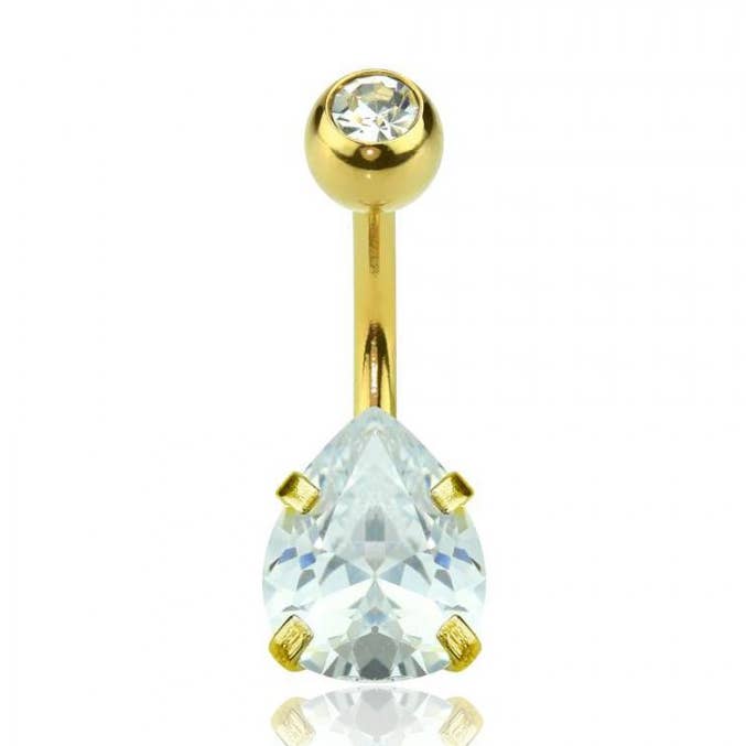 GOLD PLATED DOUBLE GEM PRONG TEAR DROP CZ SS NAVEL RING for wholesale by CRAVE