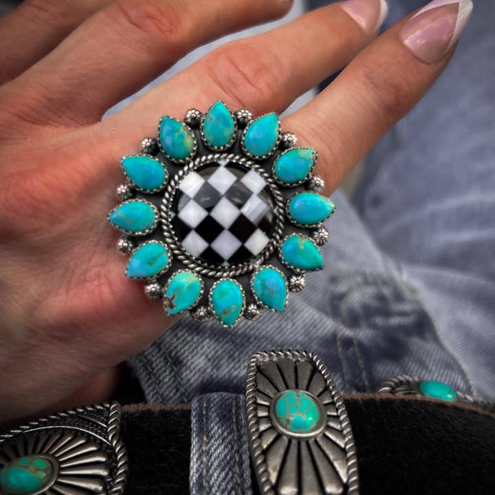Turquoise & Checkered Sunflower Ring (BIG & SMALL) for wholesale on Faire