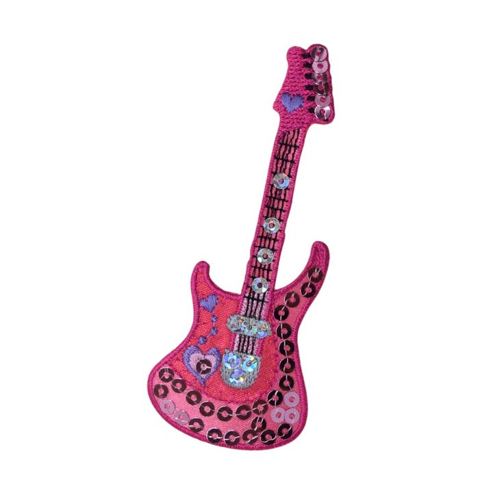 50s - Electric Guitar - Hot Pink Sequins - Iron on Applique - Embroidered Patch - 159394-A for wholesale by Wholesale Applique