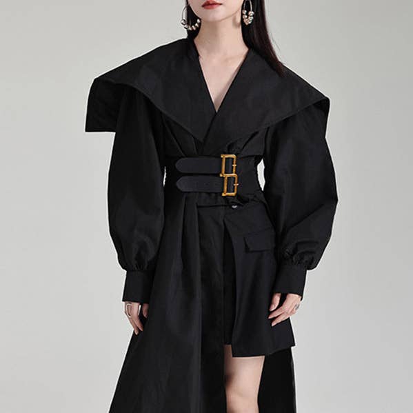 High Waisted Long Sleeves Asymmetric Belted Pleated Solid Color Lapel Midi Dresses for wholesale by OceanusSwim