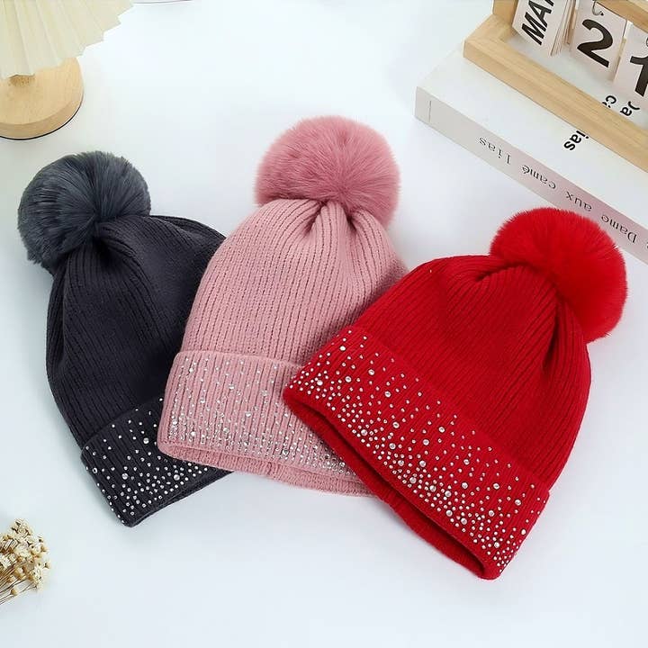 Diacly - Wholesale Beanie - Women's - 12pk Rhinestone Drops Pompom warm Beanie