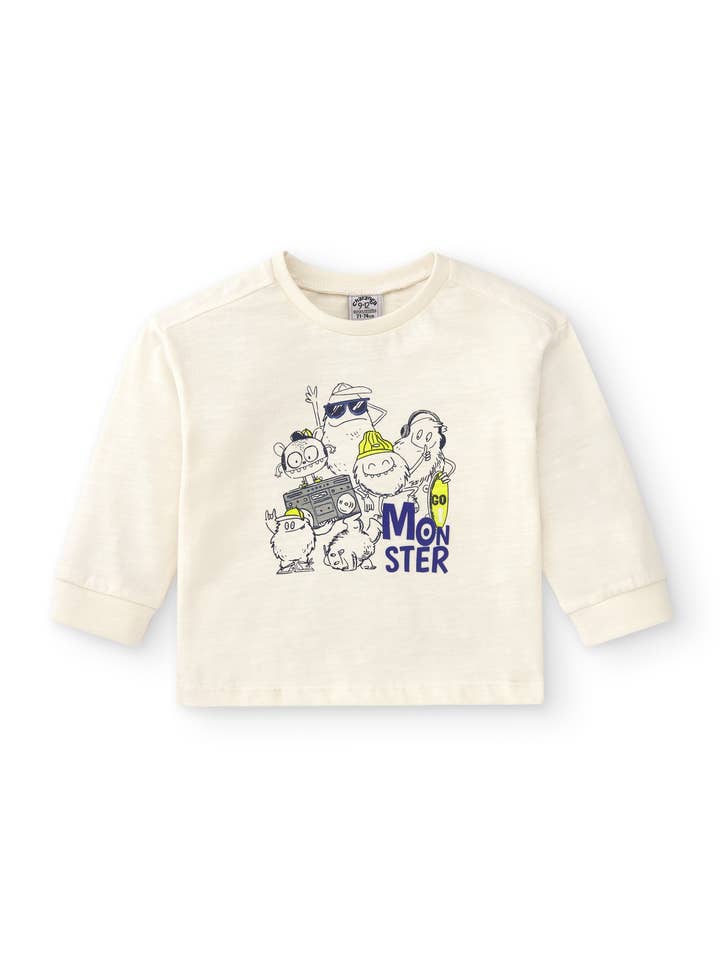 Camiseta de bebé de manga larga cor crua com um desenho monstruo por atacado de Charanga