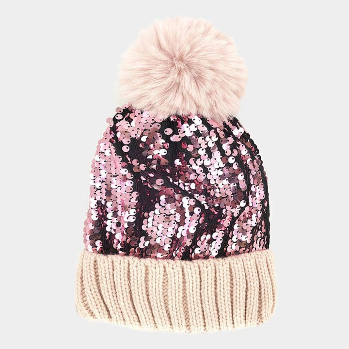 Wona Trading, Inc. - Wholesale Beanie - Women's - Sequin Pom Pom Knit Beanie Hat