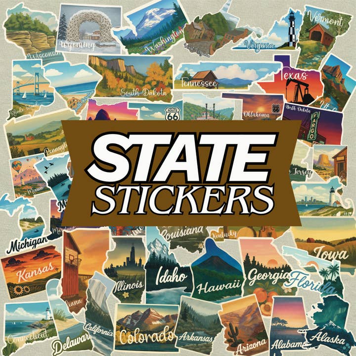 Reiseaufkleber der US-Bundesstaaten – Handillustrierte Umrisse der Bundesstaaten für den Großhandel von Bloom By Sophia Rose