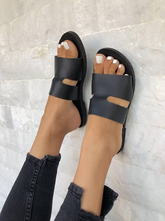 Christina Christi - Wholesale Sandals - Women's - Black Leather Slides, Black Sandals, Women Sandals6