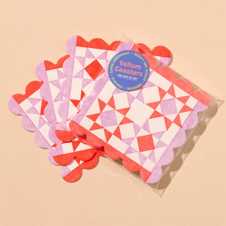 Mod Quilt Scalloped Letterpress Vellum Coasters - Red/Lilac (Set of 4) - Made in USA - Stocking stuffer, Holiday, Gift Guide for wholesale by And Here We Are