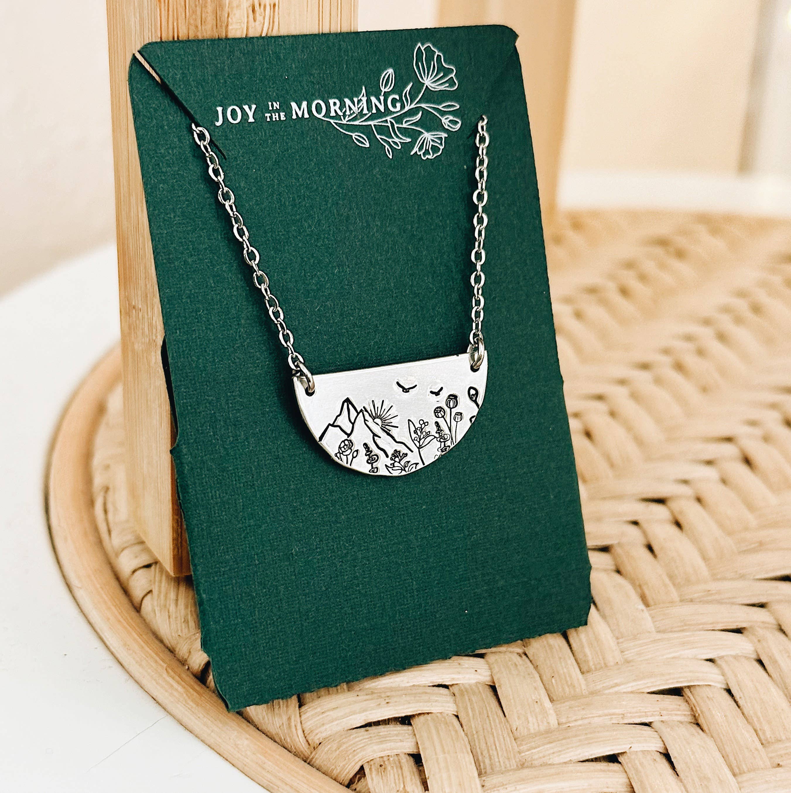 JOY IN THE MORNING - Wholesale Pendant/Charm Necklace - Sunrise Mountain Botanical Semi-Circle Necklace3