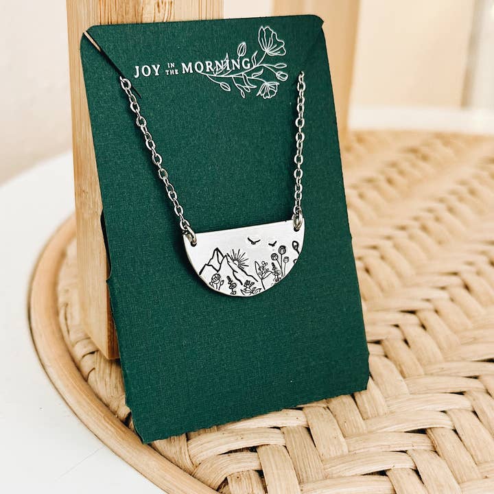 JOY IN THE MORNING - Wholesale Pendant/Charm Necklace - Sunrise Mountain Botanical Semi-Circle Necklace3