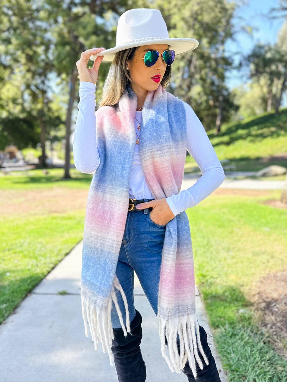 Multi Two-Tone Printed Knit Oblong Scarf with Tassels for wholesale on Faire3
