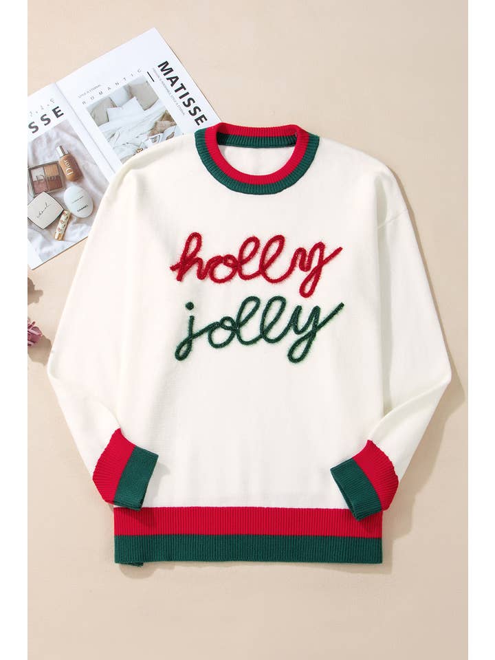 White Tinsel holly jolly Pattern Plus Size Long Sleeve Sweater for wholesale on Faire