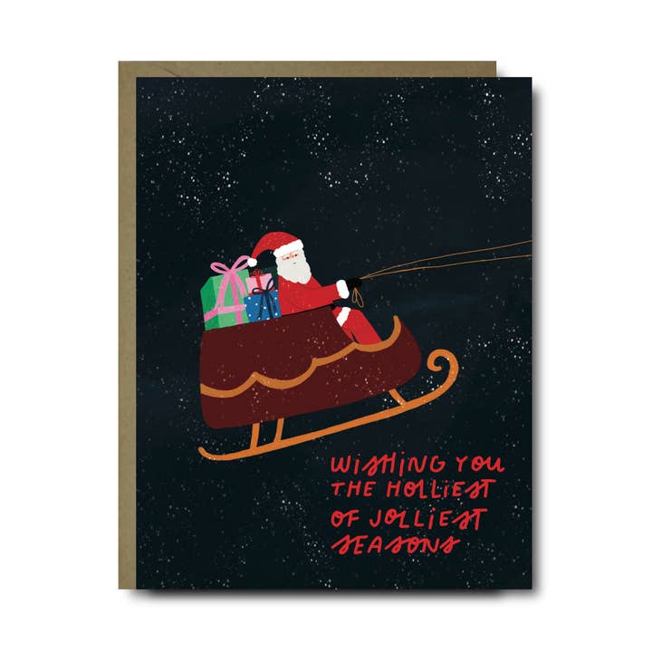 Santa Holliest of Jolliest Christmas Holiday Greeting Card for wholesale by Black Lab Studio