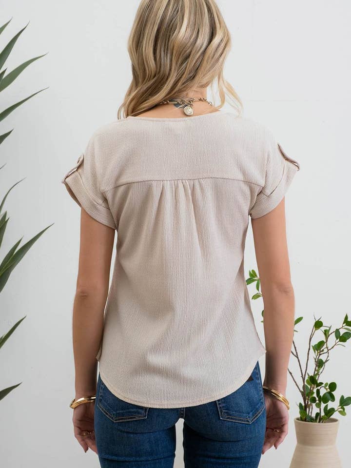 Blu Pepper - Wholesale Knit Top - Women's - SHORT TAB SLEEVE LACE TRIM CRINKLE KNIT BLOUSE