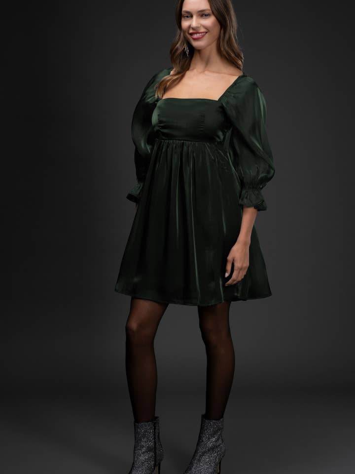 Blu Pepper - Wholesale Dress - Women's - SHIMMER SATIN 3/4 SLEEVE BABYDOLL MINI DRESS