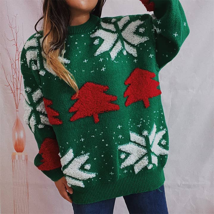HIDDENBRAND - Wholesale Knit Sweater - Women's - Christmas tree jacquard pullover top