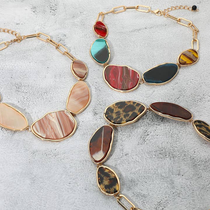 Bold Abstract Sparkled Celluloid Acetate Plate Link Statement Necklace for wholesale by Sensibling Corp.