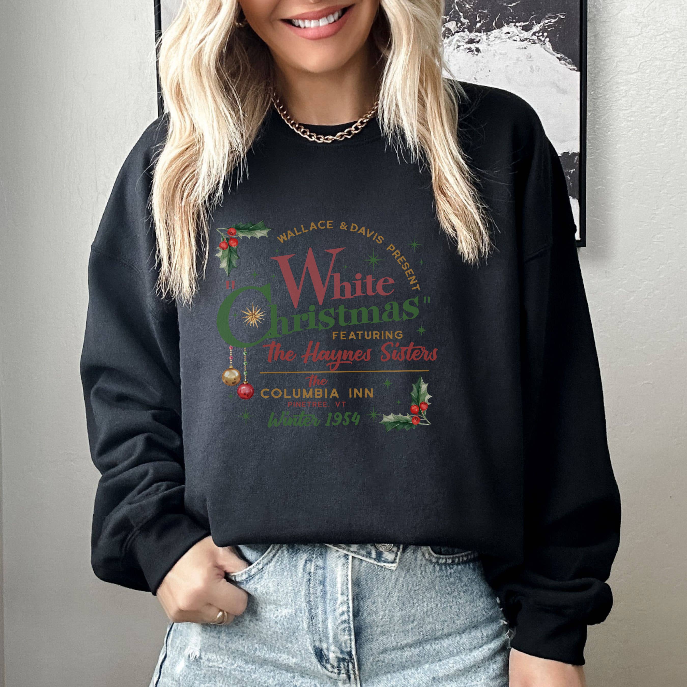 NVC Ecommerce LLC – wholesale Graphic sweatshirt – Women’s – Haynes Sisters White Christmas Sweatshirt, Winter Holiday2