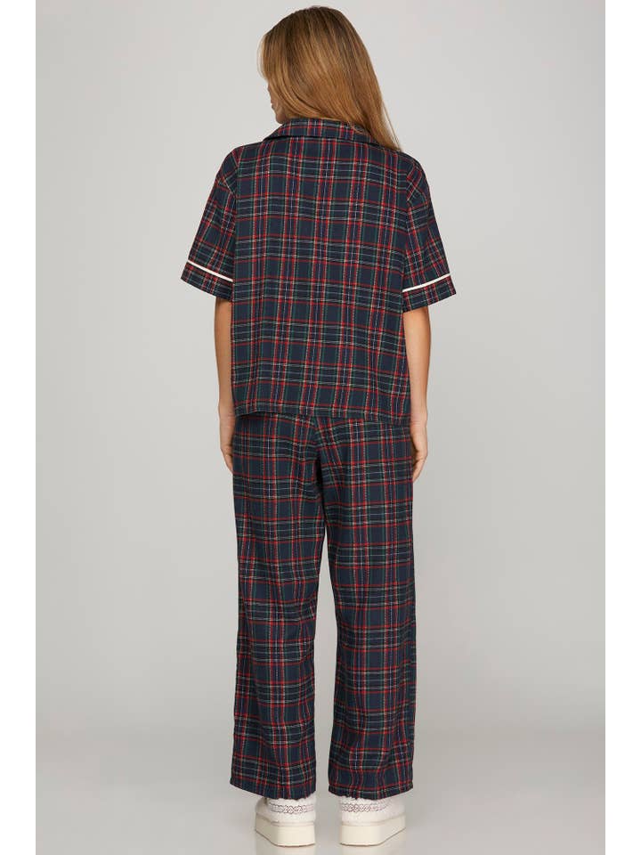 Peace Love Line - Wholesale Top & Pant Set (NOT Loungewear) - Women's - PL8954 - WOVEN PLAID TOP AND LONG PANTS PAJAMA SET1