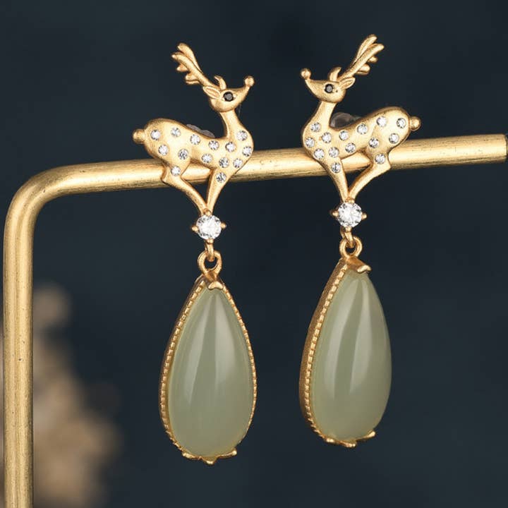 Christmas Theme Golden Deer on Jade Earrings for wholesale by Bright MacMing