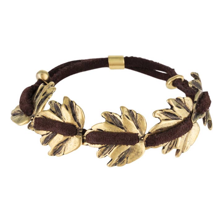 Pulsera piel marrón y hojas dorado para venta al por mayor de Gloria Mago