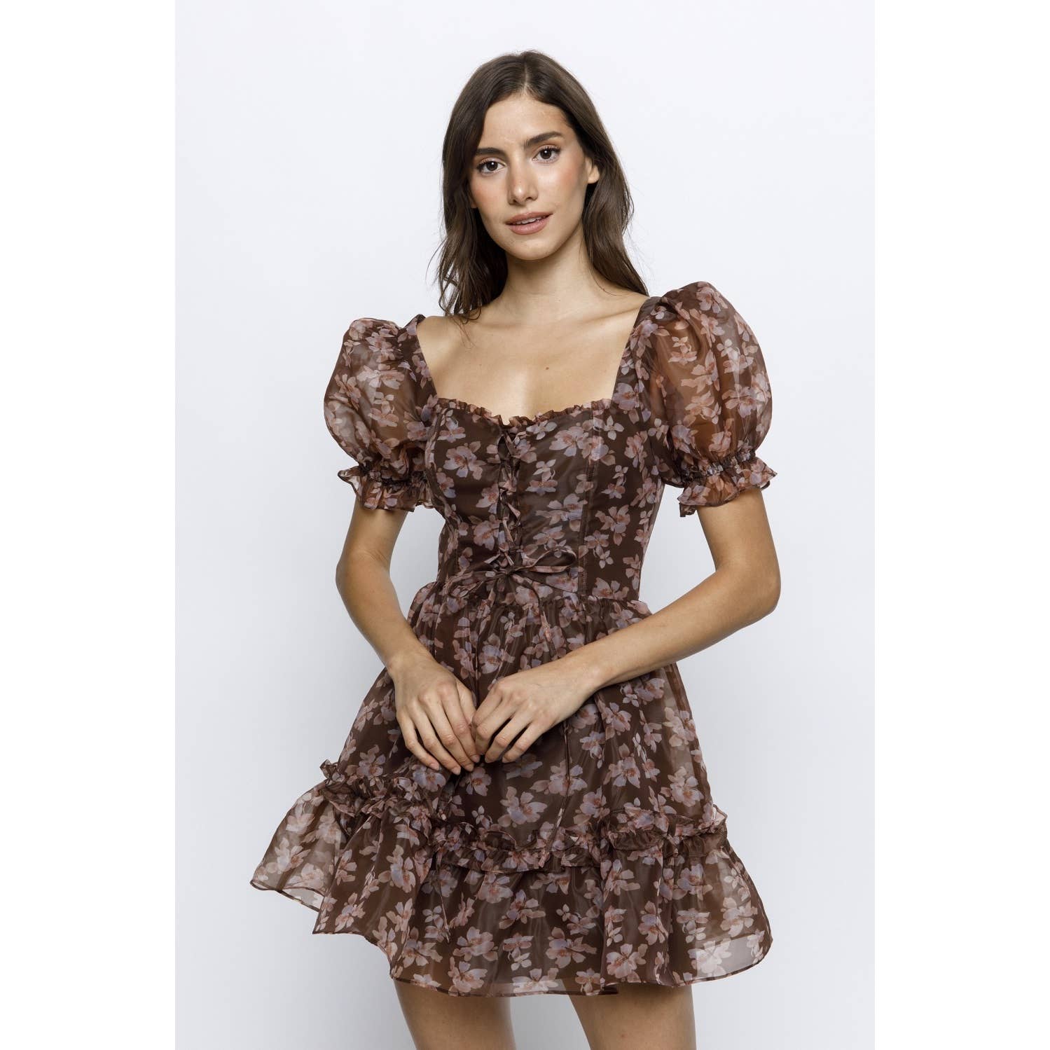 MARRON FLORAL JD6693-1- MINI-ROBE FLORALE À LIGNES en vente sur Faire