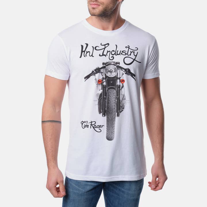 Herren-T-Shirt mit kurzen Ärmeln und weißem Motorrad-Print für den Großhandel von HOPENLIFE