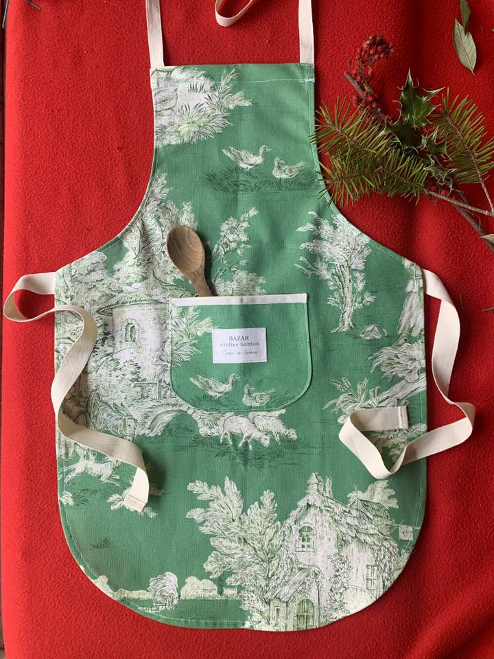 Children's Apron - Green Fruit Jouy for wholesale by Bazar Atelier Sablon