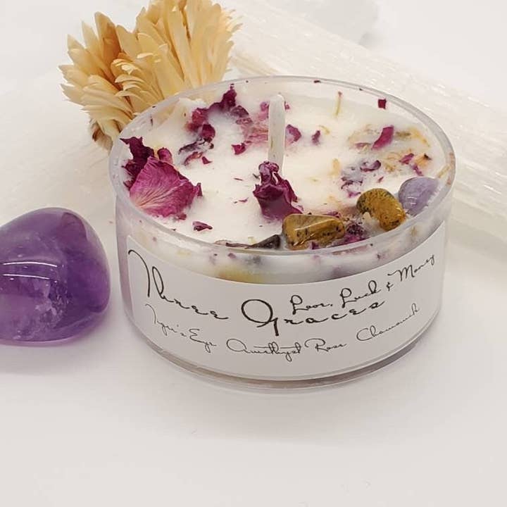 Riverside Grace Candle Co. - Wholesale Tea Light Candles - Love, Luck & Money - Three Graces Crystal Tealight Candle